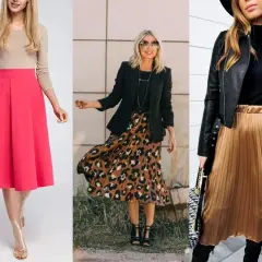 Eleganckie, modne spódnice dla starszych pań: fuksjowa, panterka i złota satynowa.