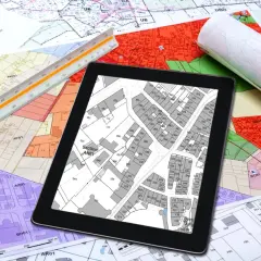 Plan zagospodarowania przestrzennego (mpzp) to klucz do rozwoju. Na zdjęciu mapy, tablet z planem i linijka geodezyjna.