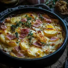 Un plat de tartiflette gratiné, avec des pommes de terre, du lard et du fromage fondant, garni de thym frais. Une recette réconfortante.