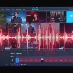 Edytor wideo z wieloma oknami podglądu i falą dźwiękową. Pokazuje, jak dodać muzykę do zdjęcia, łącząc klipy wideo z dźwiękiem.