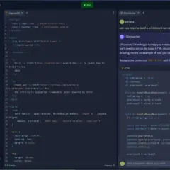 Edytor kodu Svelte z podświetlonym kodem JavaScript i podpowiedzią AI do tworzenia aplikacji.
