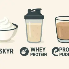 Schüssel mit Skyr, Shaker mit Whey Protein und Glas mit Protein Pudding. Vergleich von Skyr vs Quark.