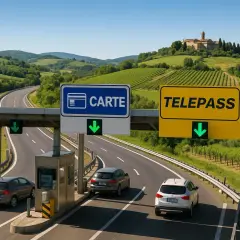 Autostrada we Włoszech z bramkami opłat: znak "CARTE" i "TELEPASS" oraz zielone strzałki.