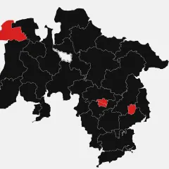 Karte von Niedersachsen mit hervorgehobenen Wahlkreisen in Rot.