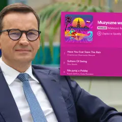 Mateusz Morawiecki w okularach, obok playlisty "Muzyczne wakacje z Morawieckim", gdzie trzeci utwór to "Nie pytaj o Polskę" Kwiatu Jabłoni.
