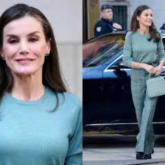 Królowa Letizia w stylizacji w odcieniach turkusowego koloru z czym łączyć? Elegancki zestaw z zieloną kratą i torebką.