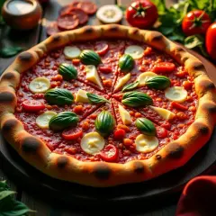 Pyszna pizza amerykańska z pomidorami, mozzarellą i bazylią, gotowa do podania.