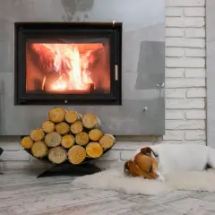 Pies śpi przy ogniu w nowoczesnym kominku z płaszczem wodnym. Drewno ułożone obok dodaje przytulności.
