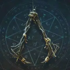 Wróżby i symbole na tle, wiszący amulet z gałązek. Zapowiedź Assassin's Creed Hexe.