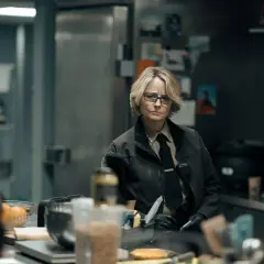 Jodie Foster som polis i True Detective säsong 5, med en allvarlig blick i ett kök.
