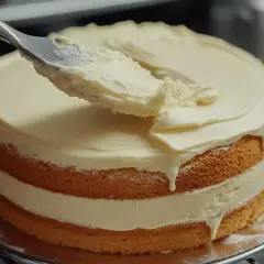 Nakładanie puszystego tynku do tortu z mascarpone na biszkoptowe warstwy. Krem spływa apetycznie po bokach.