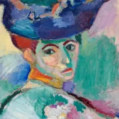 A portrait in the vibrant Henri Matisse art style, featuring bold colors and expressive brushstrokes. A woman with a large blue hat gazes forward.