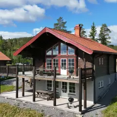 Träfasade hus med röda tak och stora fönster, belägna i en skogsmiljö. En härlig plats att bo på, kanske vid alpstigen i Järvsö.