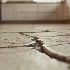 Gros plan sur un carrelage mal posé, fissuré et soulevé, révélant un travail bâclé.