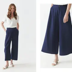 Modelka prezentuje granatowe spodnie kuloty. Stylowe spodnie kuloty to idealna baza do letnich stylizacji.