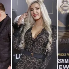 Para na ściance podczas gali Fame MMA. Kobieta w czarnej sukience z wycięciami i mężczyzna w garniturze. Obok dwie inne kobiety w eleganckich kreacjach.