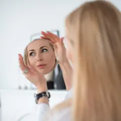 Kobieta z blond włosami ogląda swoją twarz w lusterku.