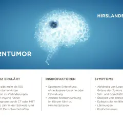 Abstrakte Darstellung eines Gehirns mit dem Titel "Hirntumor". Darunter werden kurz erklärt, Risikofaktoren und Symptome aufgelistet, wie Kopfschmerzen, die auf einen Hirntumor hindeuten können.