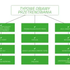 Typowe objawy przetrenowania: brak progresu, spadek formy i siły, bóle mięśni, głowy, bezsenność, zmęczenie, zaburzenia miesiączkowania u kobiet.