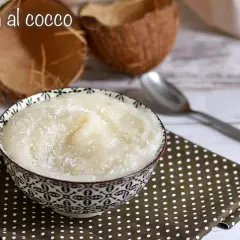 Una ciotola di deliziosa crema al cocco, guarnita con cocco grattugiato, accanto a gusci di cocco e un cucchiaio.