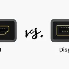 Nahaufnahme von HDMI- und DisplayPort-Anschlüssen, die den Unterschied zwischen den beiden Schnittstellen zeigen.