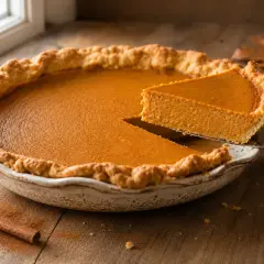 Una rebanada de tarta de calabaza recién horneada, con su masa dorada y relleno cremoso, lista para ser disfrutada.