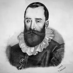 Portret mężczyzny z bujnym wąsem i brodą, w stroju z falbanką przy szyi. Może to nową przypowieść polak sobie kupi.