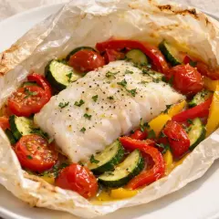 Un délicieux dos de cabillaud en papillote, entouré de tomates cerises, courgettes et poivrons colorés, prêt à être dégusté.