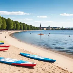 Färgglada kajaker på stranden vid en av Stockholms badplatser. Människor badar och paddlar i det blå vattnet med stadens silhuett i bakgrunden.