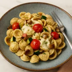 Orecchiette-Pasta mit Kirschtomaten, Zucchini und geschmolzenem Käse. Ein köstliches Gericht, das sich perfekt für Orecchiette Rezepte eignet.