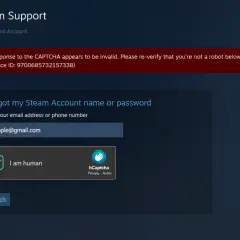 Strona Steam Support, gdzie można odzyskać konto. Wpisz email, zaznacz "Jestem człowiekiem", by dowiedzieć się, jak skontaktować się z steam support.