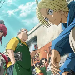Charaktere aus Sakamoto Days Staffel 2 auf einer Straße, ein Mann mit blonden Haaren blickt neugierig herab.