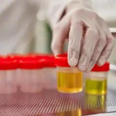 Ręka w rękawiczce laboratoryjnej wybiera pojemnik z żółtym płynem, prawdopodobnie badanie na obecność ketonów w moczu.
