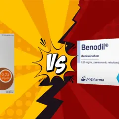 Dwie paczki leku z budezonidem: Nebbud i Benodil, z symbolem "VS" pośrodku.