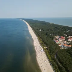 Widok z lotu ptaka na plażę w Krynicy Morskiej, przypominającą wielbłądzi garb. Widać tłumy plażowiczów, las i zabudowania.