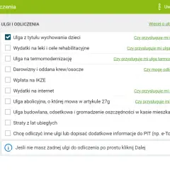 Formularz do dodawania ulg i odliczeń podatkowych. Zaznaczona ulga na dziecko. Dostępne inne opcje ulg.