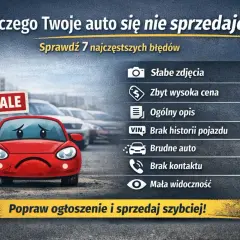 Smutne czerwone auto z tabliczką "FOR SALE" i lista błędów w ogłoszeniu, jak w trybie incognito, utrudniającym sprzedaż.