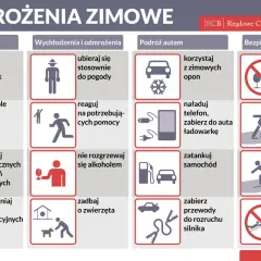Grafika przedstawia tablicę z ikonami i tekstami dotyczącymi zagrożeń zimowych, podzieloną na sekcje: W domu, Wychłodzenia i odmrożenia, Podróż autem, Bezpieczny wypoczynek.