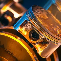 Zbliżenie na tłok silnika z widocznym luzem pierścieni tłokowych. Metaliczne elementy silnika w ciepłym oświetleniu.