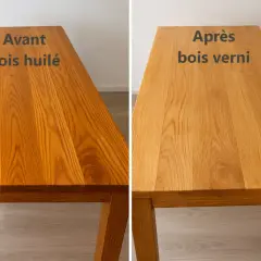 Comparaison d'un fond dur : bois huilé avant, puis bois verni après.
