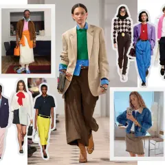 Modelos con looks preppy y elegantes, desde trajes de chaqueta hasta conjuntos casuales con estampados.