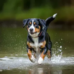 Un boyero de Appenzell corre feliz por el agua, salpicando a su paso.
