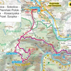 Mapa Pienin z zaznaczoną trasą Szczawnica-Sokolica-Trzy Korony, najłagodniejsza trasa na trzy korony.