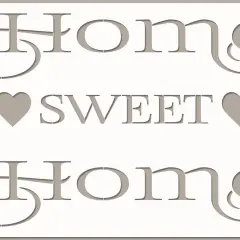 Texte "Home Sweet Home" en lettres bâton stylisées, avec des cœurs et des volutes.
