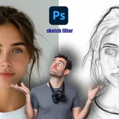 A split image shows a woman's portrait on the left and a sketch-like version on the right, created with a photoshop sketch filter. A man with a camera looks up in wonder.