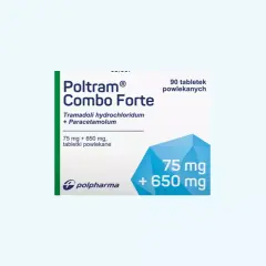 Opakowanie leku Poltram Combo Forte 75 mg + 650 mg, zawierające 90 tabletek powlekanych.