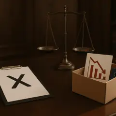 Waga sprawiedliwości, kartka z wykresem spadkowym i krzyżykiem na desce.