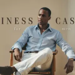 Uomo con abbigliamento business casual: camicia azzurra e pantaloni chiari, seduto su una sedia di legno.