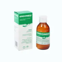 Erdomed syrop na kaszel. Opakowanie i butelka leku Erdomed, który pomaga na dolegliwości dróg oddechowych.