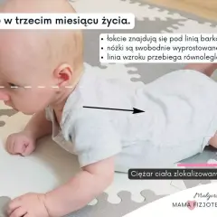 Niemowlę w trzecim miesiącu życia leży na brzuchu. Zwrócono uwagę na nieprawidłowe leżenie na brzuchu niemowlaka, gdy łokcie są pod linią barków, a nóżki swobodnie wyprostowane.